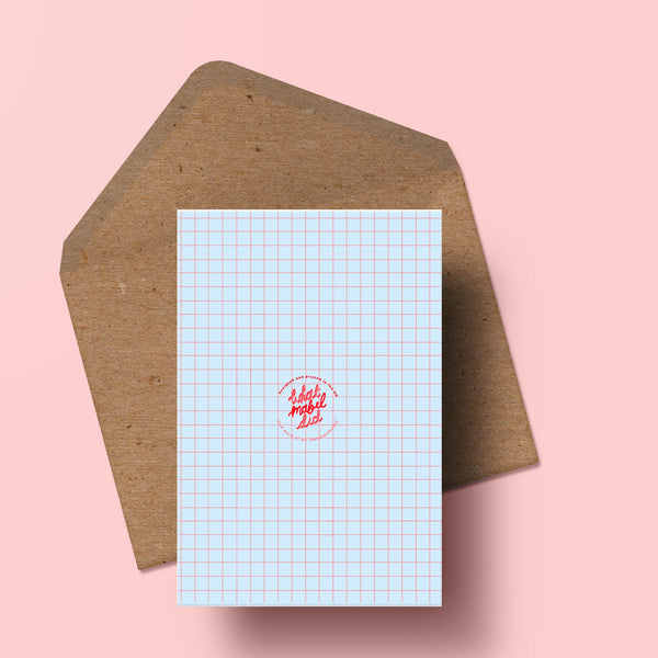 image of the back of as greetings card featuring the whatmabeldid logo. beneath the card is a recycled kraft envelope.