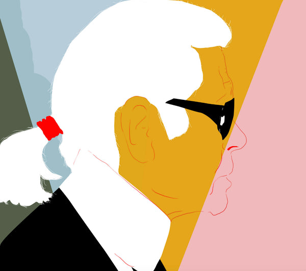 a zoomed in look at an illustration print of karl lagerfeld in profile with swatches of blue, pink, yellow and green behind him.