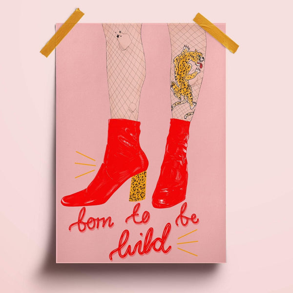illustration print of a drawing of a woman in red patent boots with a leopard print heel and a tiger tattoo on her leg,