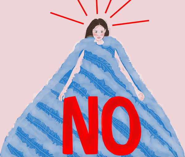 a zoomed in look at an illustration print of a woman in a large blue ballgown with the word no emblazoned on the front of it. the background is a pale pink. the print is framed in a black minimal frame on a white wall.
