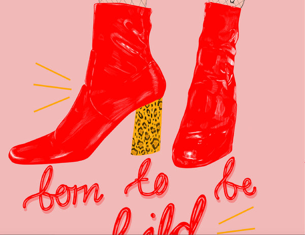 a zoomed in look at an illustration print of a drawing of a woman in red patent boots with a leopard print heel and a tiger tattoo on her leg,