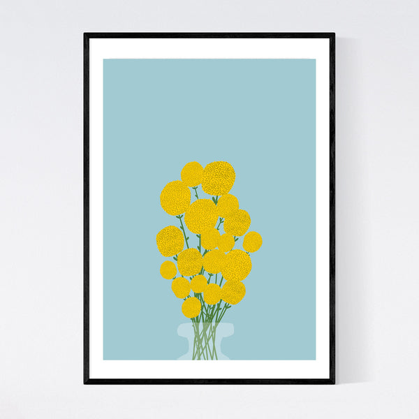 illustration of yellow billy buttons, sometimes known as craspedia globosa in a vase on a light blue background , framed against a plain white wall