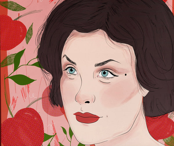 a zoomed in look at an illustration print of Sherilyn Fenn as Audrey Horne from Twin peaks with a background of cherries.