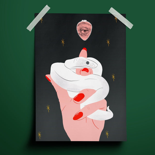 illustration print of a hand with a white snake wrapped around it. there is a small lover's eye portrait floating above it. the background is a deep navy with yellow star accents.