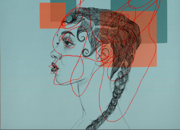 a zoomed in look at an Illustration of FKA Twigs in profile rendered in biro pen. Behind her are abstract rectangle shapes in orange and a darker blue. there is also a loose pencil scrawl in red over her face.