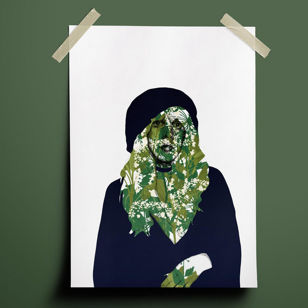illustration print of stevie nicks in her traditional beret and black dress ensemble. she is rendered in pen with her skin and hair being made up of drawings of flowers and herbs associated with witchcraft.