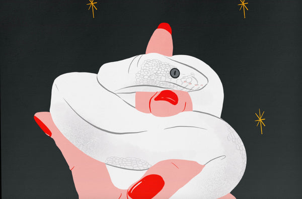 a zoomed in look at an illustration print of a hand with a white snake wrapped around it. there is a small lover's eye portrait floating above it. the background is a deep navy with yellow star accents.
