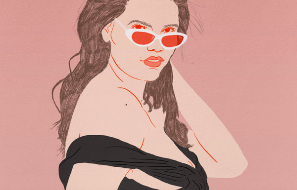 a zoomed in look at an illustration print of a young voluptuous woman wearing bunny ears and a black dress. she is moving the dress aside to show a bunny tail. the background is a pale pink.
