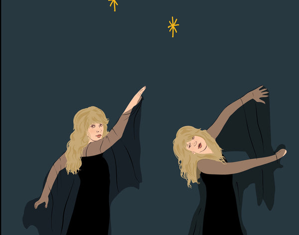 a zoomed in look at an illustration print of two stevie nick's in different dancing poses. the background is a deep navy with yellow star accents.