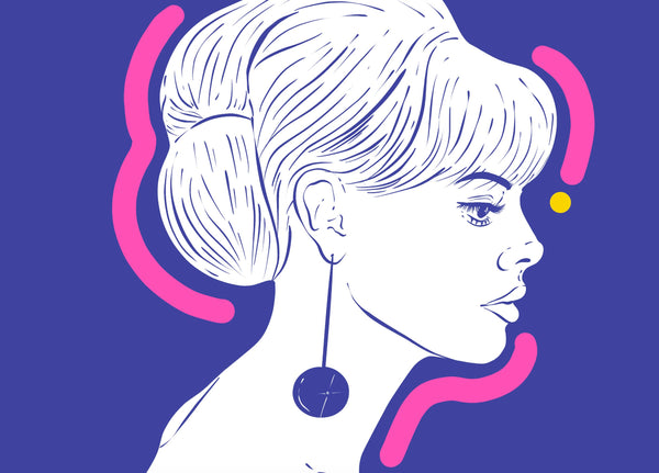 zoomed in detail of Britt Eckland Illustration art print with a mid blue background and bright pink and yellow flourishes