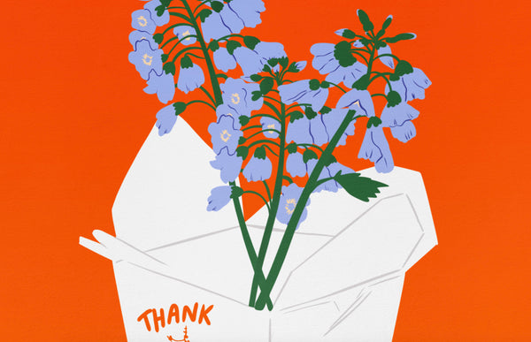 a zoomed in look at an illustration print of blue cuckoo flowers arranged in a traditional red and white takeaway box as a vase. the background of the print is a vibrant orangey red.