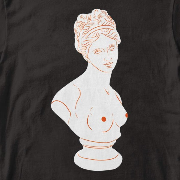 zoomed in look at an image of a whatmabeldid aphrodite t shirt
