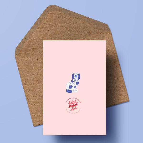 image of the back of a greetings card featuring an illustration of a staffordshire dog with the whatmabeldid logo beneath. the card is on top of a kraft recycled envelope.