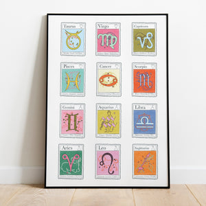 A picture of a framed art print leaning against a wall, the print contains all 12 star signs imagined as colourful postage stamps.