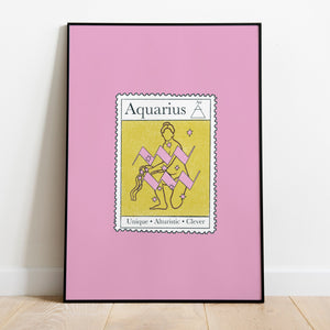 Image of a framed art print leaning against the wall. The art print itself is a postage stamp representing the star sign of Aquarius. The print is bright and colourful in shades of green, lavender and chocolate.