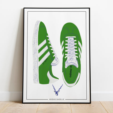 an image of a poster featuring an illustration of green adidas gazelle shoes rendered in a hand painted illustration.