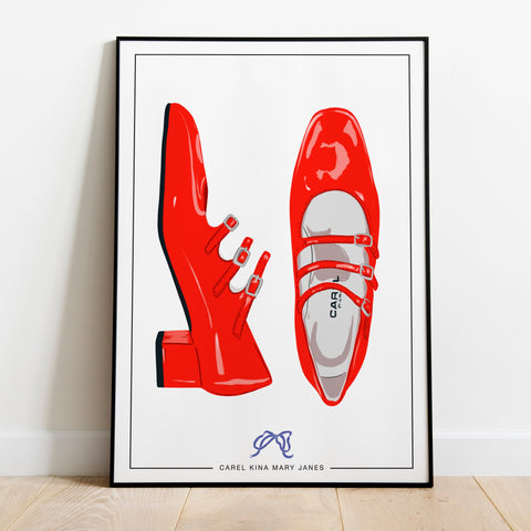 an image of an art print featuring an illustration of red carel kina mary jane shoes. 