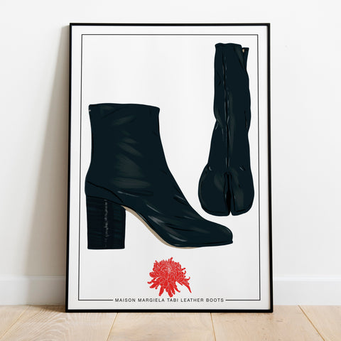 an image of a poster featuring a pair of black ankle length tabi boots rendered in a detailed but charming hand painted style.