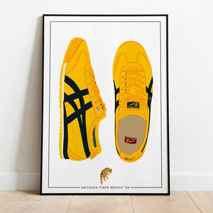 an art print of ontisuka tiger mexico 66 shoes in yellow and black made into illustrations. There is a black border with the shoe name centered through it with a small tiger drawing above. 