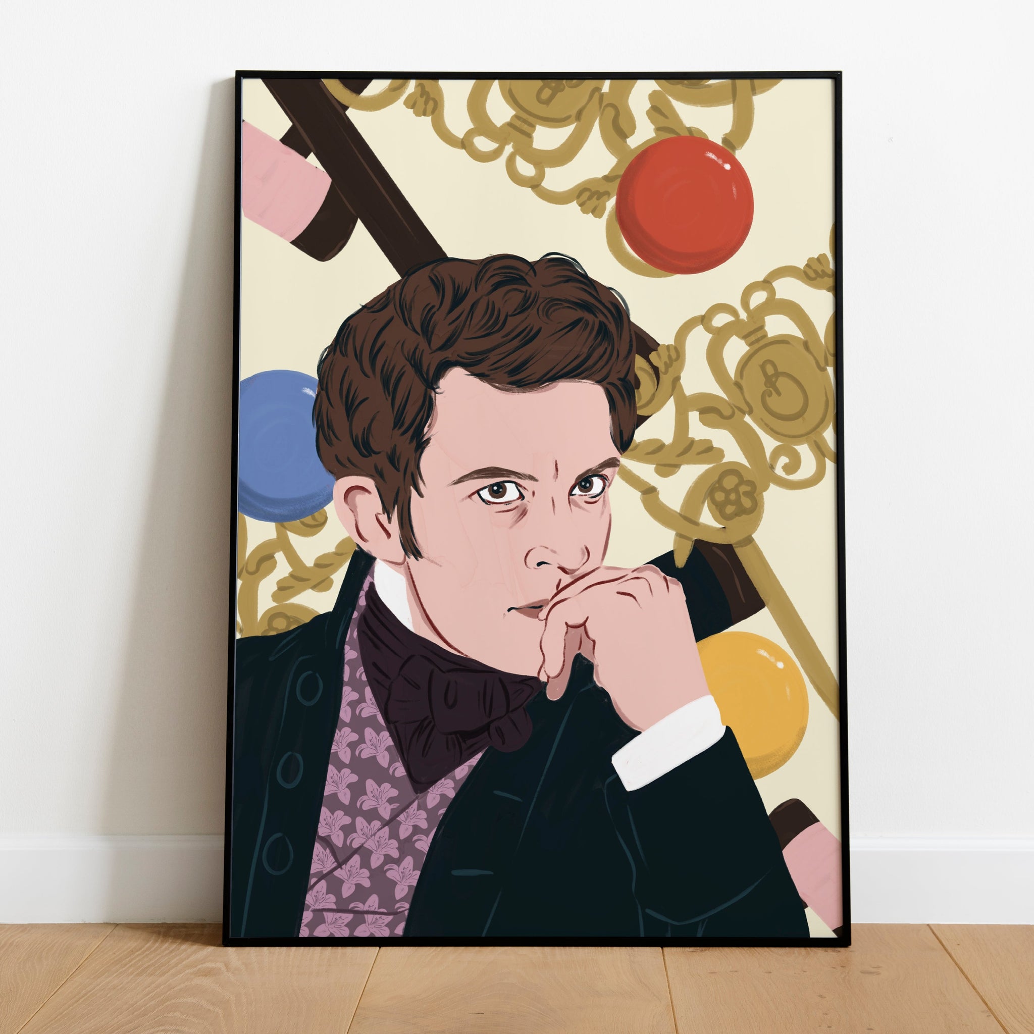 A framed image of an art print featuring an illustration of jonathan bailey as anthony bridgerton from the bridgerton series. The background is cream and features a croquet motif.