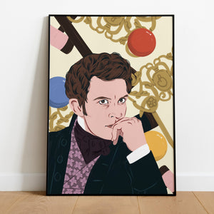 A framed image of an art print featuring an illustration of jonathan bailey as anthony bridgerton from the bridgerton series. The background is cream and features a croquet motif.