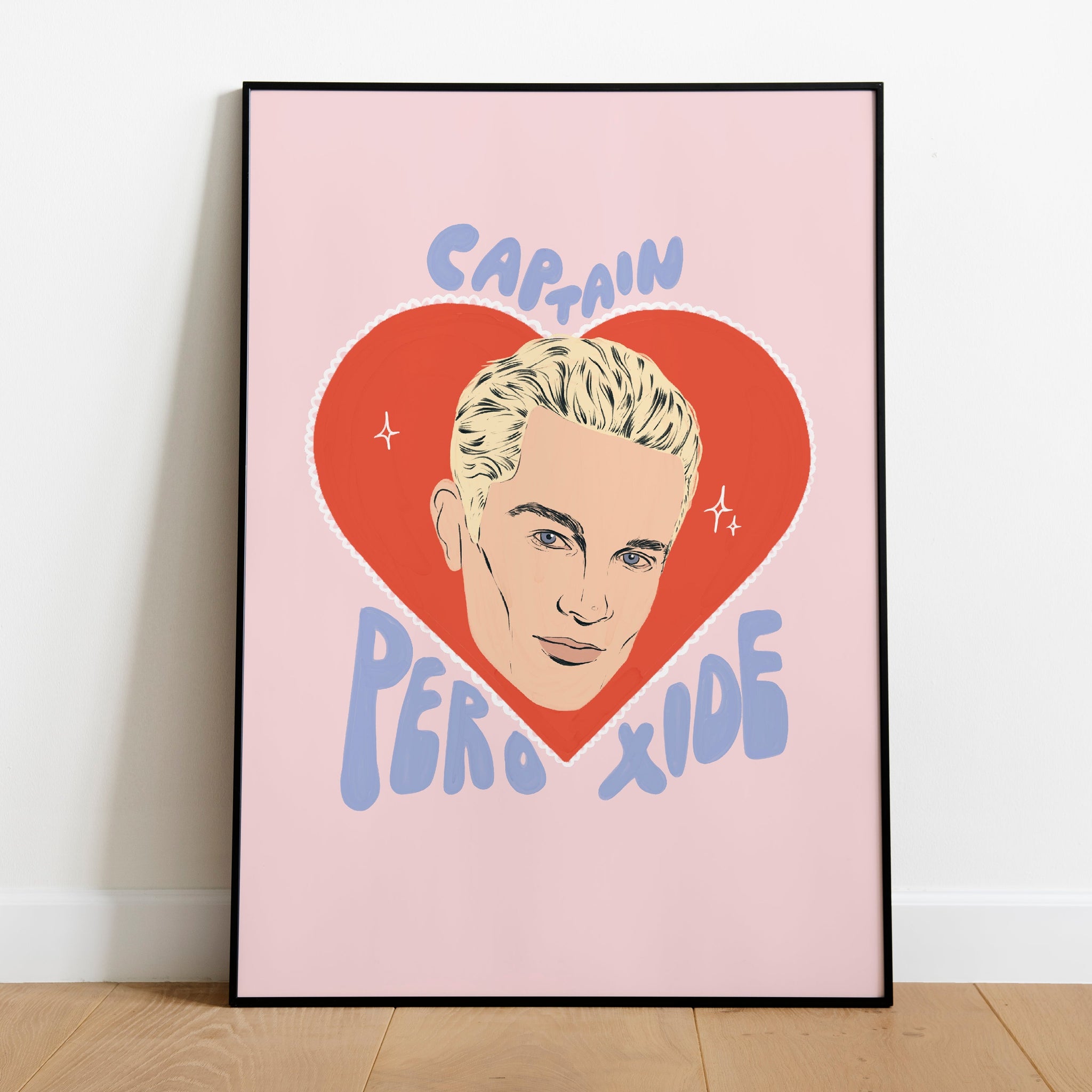 an image an art print inspired by spike from Buffy the Vampire Slayer. It features an illustration of Spike on background of a red love heart with the words captain peroxide written around him. 