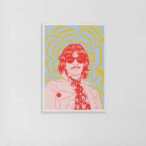 whatmabeldid george harrison print in blue and yellow colourway framed on a white wall