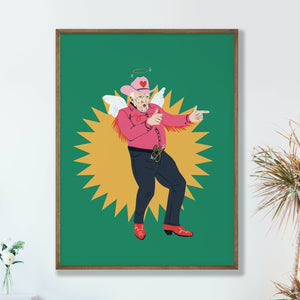 image of a framed art print. The print depicts leslie jordan in a pink cowboy outfit pointing to his right. Behind him is a yellow starburst shape on a mid green background. Leslie has angel wings and a little halo.