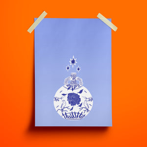 an image of an illustration print of a rounded blue and white vase inspired by antique ming vases. there are three stars above the vase. the vase itself is white with the detailing being a deep blue. the background of the print is a paler version of the blue on the vase.
