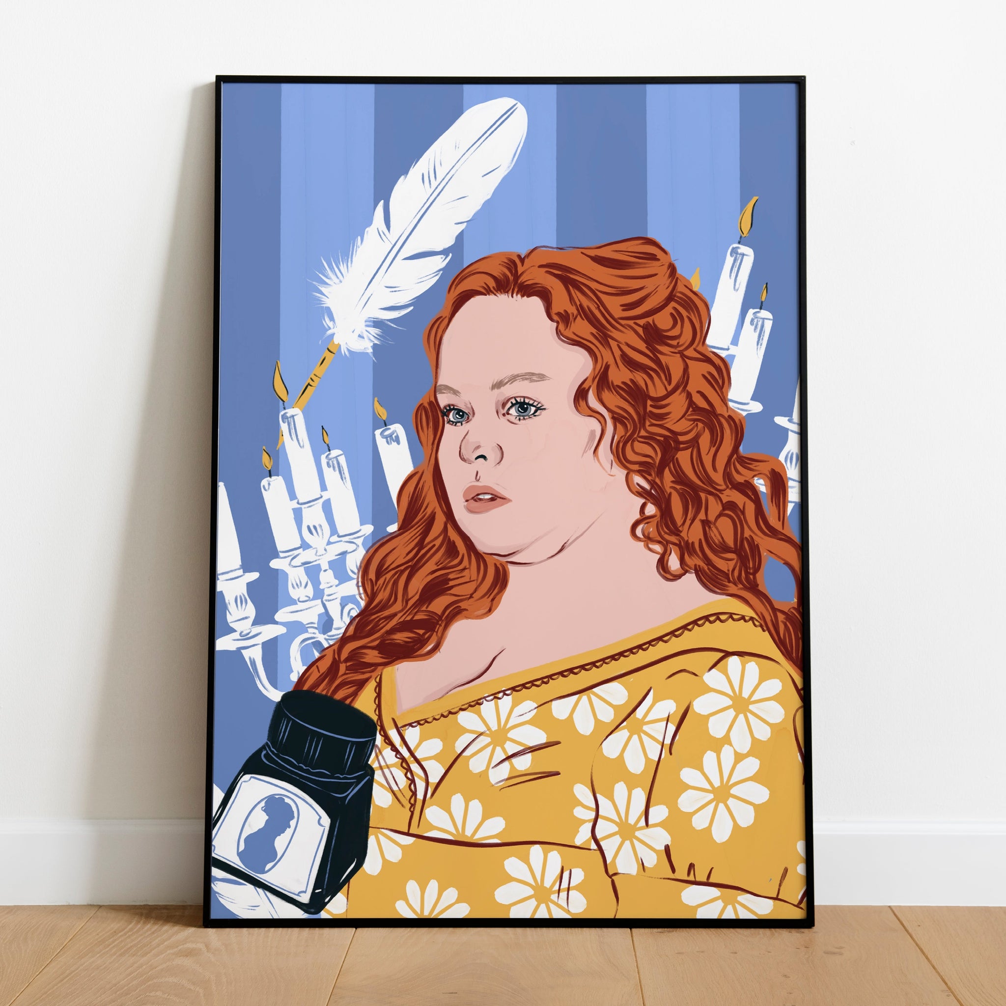a framed art print of  penelope featherington from the bridgerton series. She is set against a blue background with candelabra and writing motifs. 