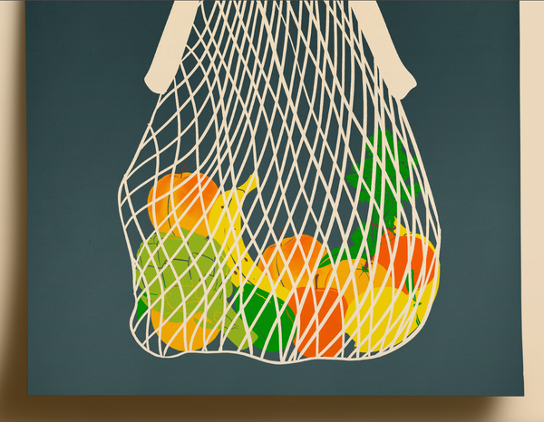 zoomed in image of an unframed art print featuring fruits and vegetables in a string bag on a dark background