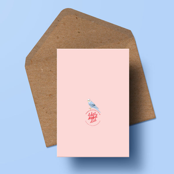 the back of a pale pink card with a small image of a budgie and the whatmabeldid logo. the card is resting on a recycled kraft envelope.