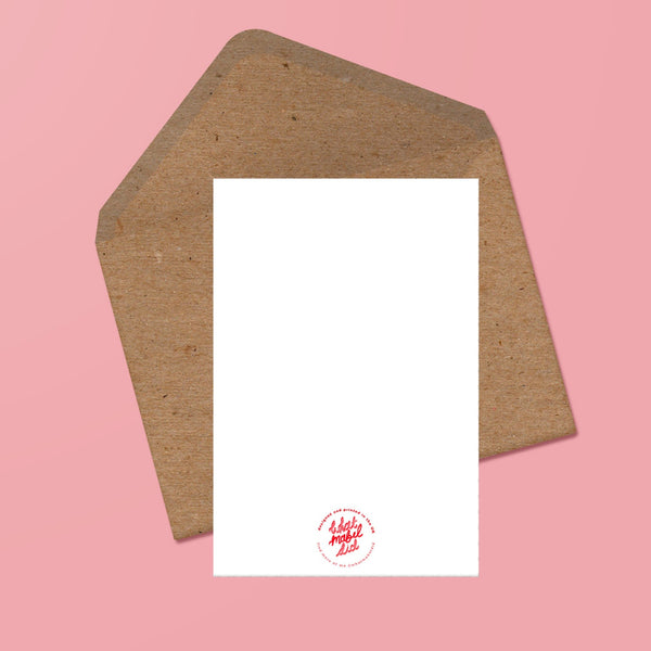 image of the reverse of the greetings card, the back is blank save a whatmabeldid logo with a recycled kraft envelope behind.