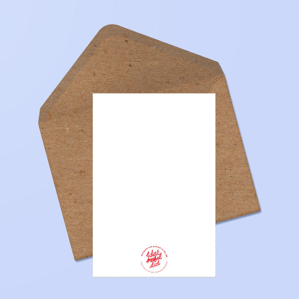 image of the reverse of a timothee chalamet greetings card, the back is blank save a whatmabeldid logo with a recycled kraft envelope behind.