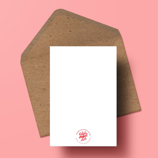 image of the reverse of the greetings card, the back is blank save a whatmabeldid logo with a recycled kraft envelope behind.