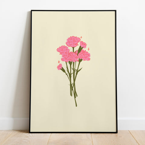 a framed art print of a bunch of pink carnations on a cream background. The frame is leaning up against a white wall and wooden flooring