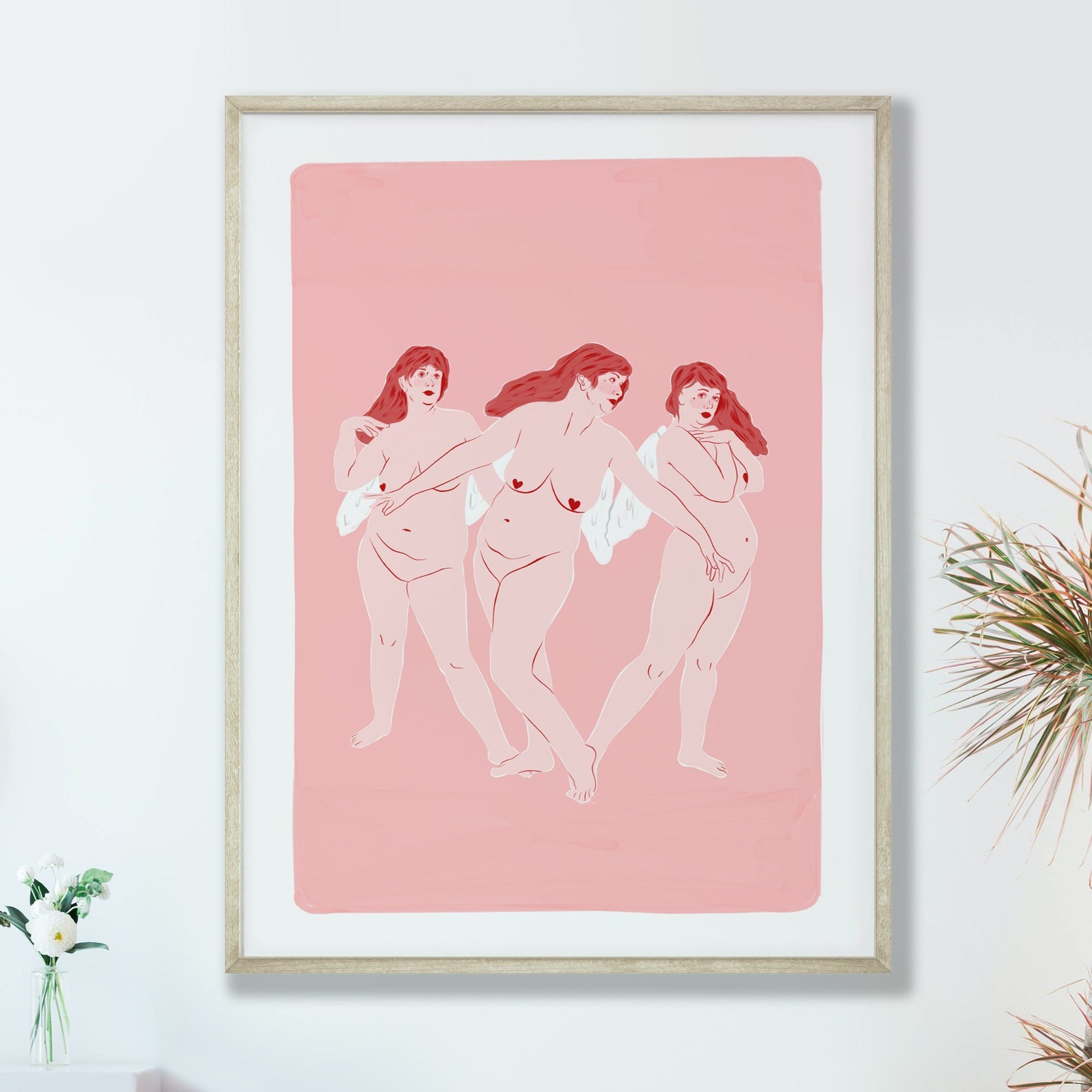 image of three nude ladies painted in gouache framed on a white wall background. Art by whatmabeldid