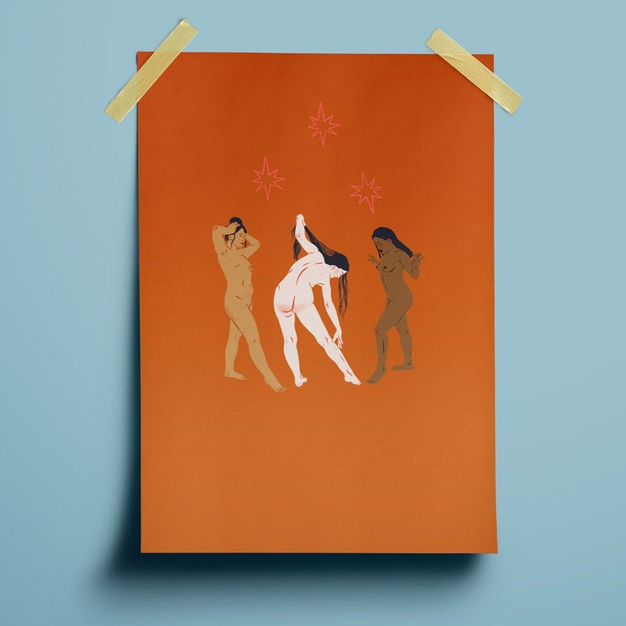 image of an art print featuring three diverse women in the nude in various poses, frolicking. the background of the print is a burnt orange and there are three pink stars above them.