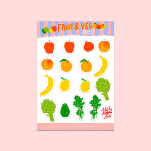 image of a sheet of kiss cut stickers of various fruits and vegetables.