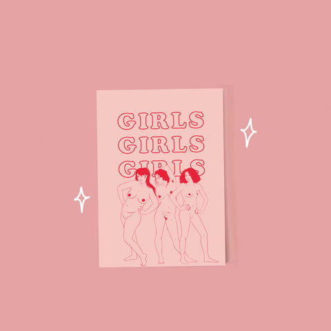 image of a pale pink notepad with three nude ladies and the slogan girls girls girls behind them