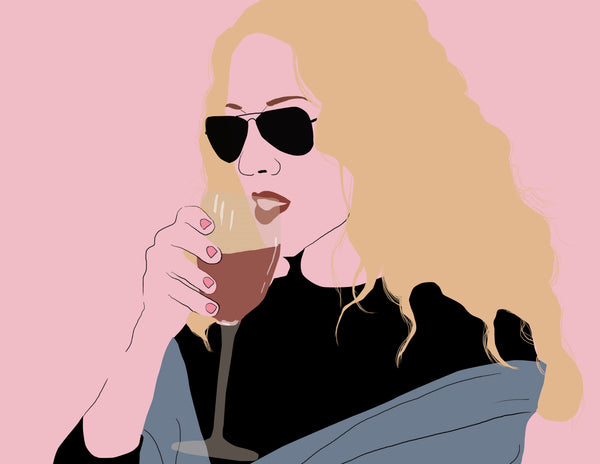 a zoomed in look at an illustration of carrie bradshaw from sex and the city drinking a glass of wine. above her in a speech bubble is the phrase so i sat there and had a glass of wine. The background is a medium pink.