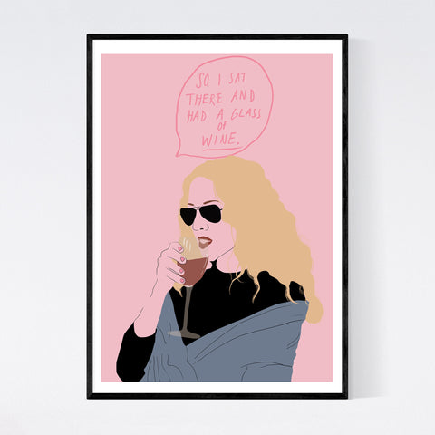 illustration of carrie bradshaw from sex and the city drinking a glass of wine. above her in a speech bubble is the phrase so i sat there and had a glass of wine. The background is a medium pink.