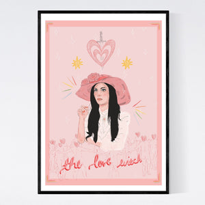 an illustration print of samantha robinson as the love witch dressed in her tea room outfit. the overall colour scheme is pink with hints of rainbow. the background features nude figures beneath the words 'the love witch' in cursive. above elaine's head are tarot elements of a heart with a dagger through it and stars.