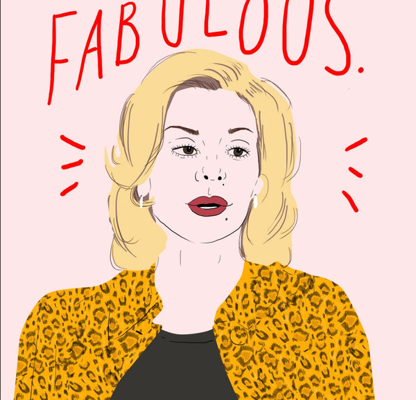 a zoomed in look at an illustration of samantha jones in a leopard print coat holding a business card with the word fabulous written on it. the background is a pale pink. above her head are the handwritten words hello, my name is fabulous.