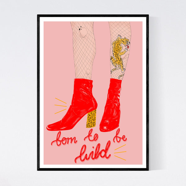 illustration print of a drawing of a woman in red patent boots with a leopard print heel and a tiger tattoo on her leg. this print is presented in a minimal frame on a white background.