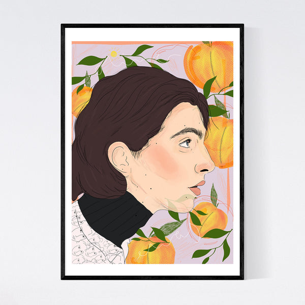 an illustration print of timothee chalamet in profile in his role as elio in call me by your name. the background is a light dusky blue and there is a repeated peach motif behind him. this print is framed in a minimal black frame and hung on a white wall.
