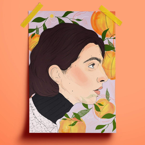 an illustration print of timothee chalamet in profile in his role as elio in call me by your name. the background is a light dusky blue and there is a repeated peach motif behind him.