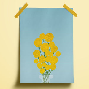illustration of yellow billy buttons, sometimes known as craspedia globosa in a vase on a light blue background