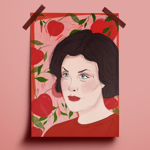 An illustration print of Sherilyn Fenn as Audrey Horne from Twin peaks with a background of cherries.