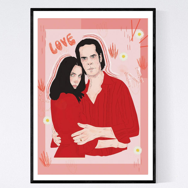 illustration of nick and susie cave both wearing red. they are embracing. the background is a medium pink with lots of elements including their initials made out of bones, daisies and red hands.